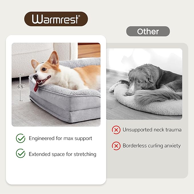 Warmrest Orthopedic Dog Beds for Medium Size Dogs, Waterproof Egg-Crate Foam Pet Couch Bed with Soft Sides, Non-Slip Dog Sofa with Fleece Removable Washable Cover, 28"L Supportive Pet Sofa, Light Grey