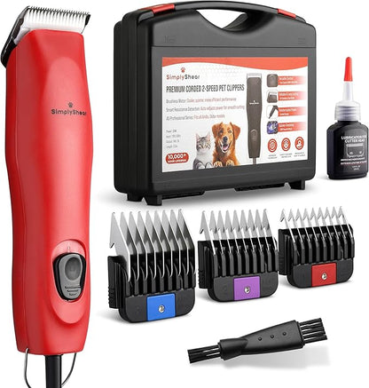 SIMPLYSHEAR Professional Dog Clippers for Grooming | High-Performance 2-Speed Corded Shears for Thick, Curly Coats & Matted Hair | Low-Noise Pet Grooming Kit with Heavy Duty Hair Trimmer, Red