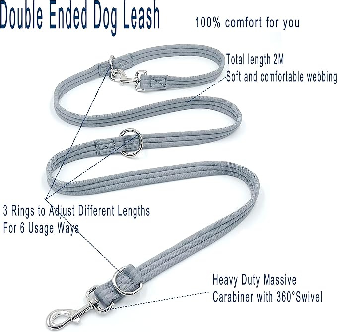 Dog Leash-Multifunctional Double Ended,for Obedience Training Or Distance Work Easy to Use,Lightweight,Soft&Durable Convertible Hands Free,Crossbody,Over Shoulder (Grey, 2M*2.5CM)