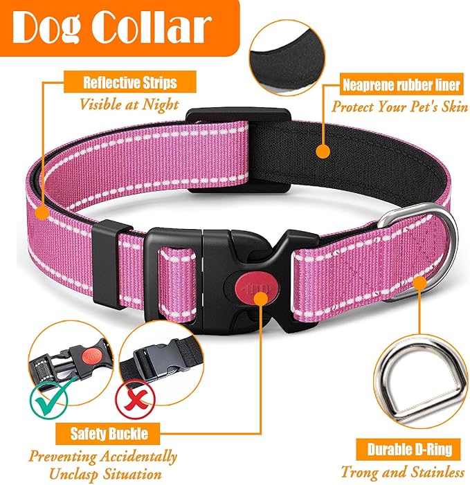 LOBEVE No Pull Dog Harness, Collar & Leash Set | Includes Dog Seat Belt, Collapsible Bowls & Poop Bag Dispenser. Ideal for Training, Walking, Hiking. Fits Small to Large Dogs(Pink-M)