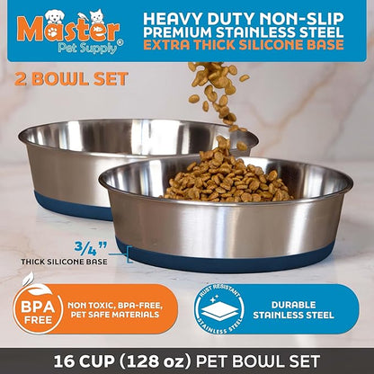 Master Pet Supply Stainless Steel Dog Bowls Set of 2 with Extra Thick Silicone Base - 16 Cup (128 oz) Navy Blue, Non-Slip, Dishwasher Safe Metal Bowls, Pet Dog Food Bowl for Dogs, Cats, Anti Rust