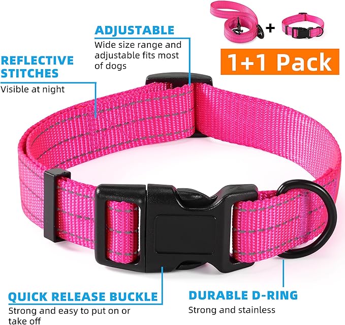 Mile High Life | Reflective Dog Collar Leash Set | Small Medium Dog Collar Leash Adjustable (Reflective Solid Pink, Large (Pack of 2))