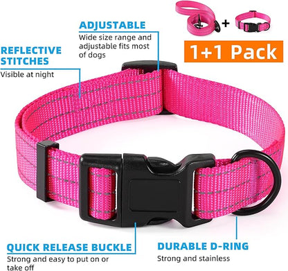 Mile High Life | Reflective Dog Collar Leash Set | Small Medium Dog Collar Leash Adjustable (Reflective Solid Pink, Large (Pack of 2))