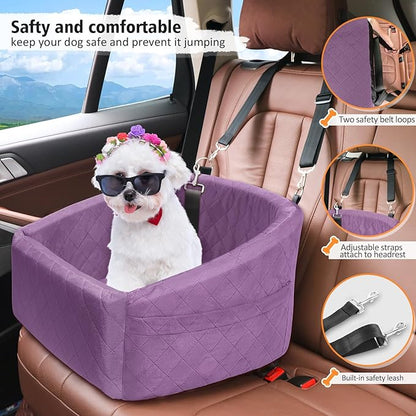 NEEZUKAR Dog Car Seat for Small Medium Dogs,Detachable Washable Dog Booster Seat Under 30lbs, Pet Car Seats Travel Bed with Storage Pockets and Safety Belt (Purple)