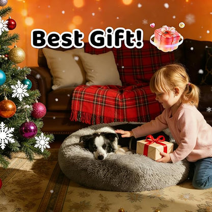 Large Donut Washable Dog Bed for Medium Dog,Round Soft Cat Cuddler for Calming, Anti-Anxiety Cozy Sofa, Fluffy Faux Fur Plush Cushion-31''-Grey