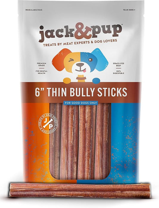 Jack&Pup 6 Inch Thin Bully Sticks for Small Dogs (10 Pack) Natural Dog Chews, Bully Sticks for Puppies, Senior Dogs