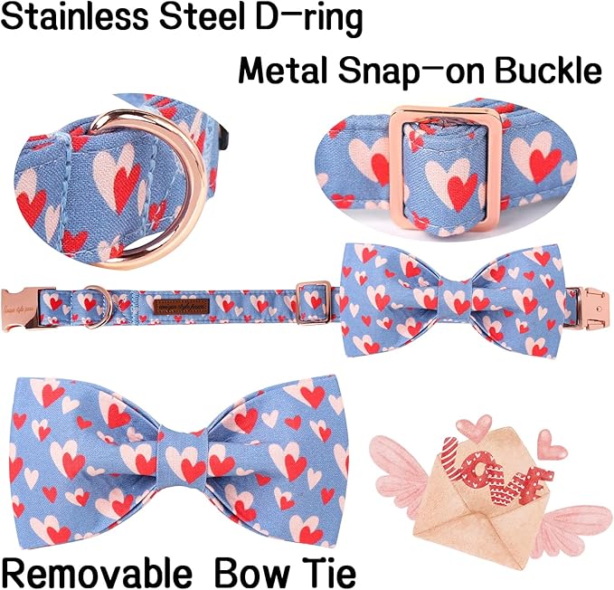 Unique style paws Valentine's Day Dog Collar with Bow Tie Red Blue Pink Heart Love Puppy Collar Best Gothic Style Gift for Small Medium Large Boys Girls-L
