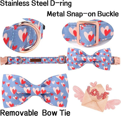 Unique style paws Valentine's Day Dog Collar with Bow Tie Red Blue Pink Heart Love Puppy Collar Best Gothic Style Gift for Small Medium Large Boys Girls-L
