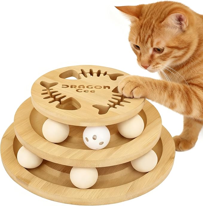 DRAGONCEE Cat Ball Track Toy, Interactive Toys for Indoor Cats, Wooden Tower of Tracks Cat Toy– 3-Level Track Tower with 6 Balls