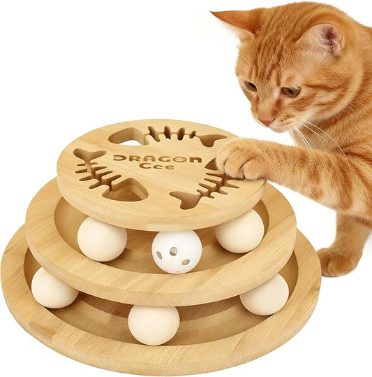 DRAGONCEE Cat Ball Track Toy, Interactive Toys for Indoor Cats, Wooden Tower of Tracks Cat Toy– 3-Level Track Tower with 6 Balls
