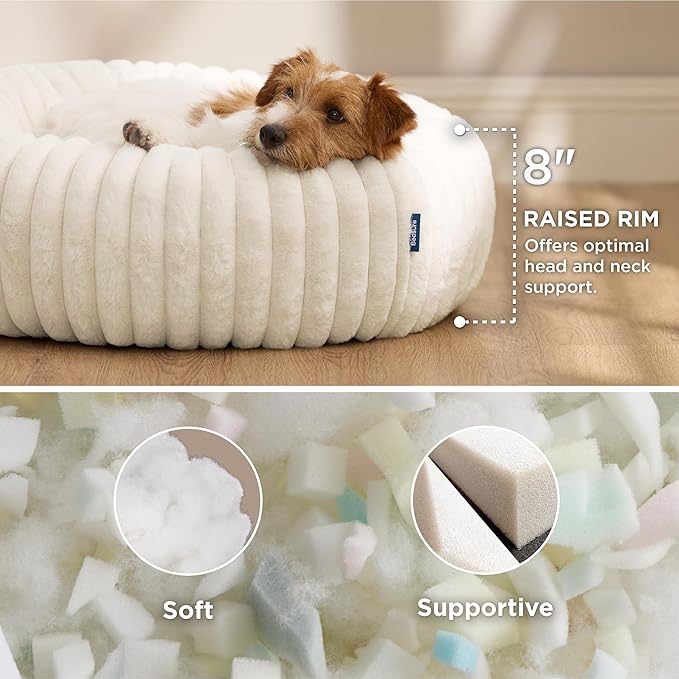 Bedsure ComfyFleece Donut Small Dog Bed - Dog Beds for Small Dogs with Corduroy Fleece & Anti Slip Bottom, Round Faux Fur Pet Beds with Washable Removable Cover, Cream, 27x27x8 inches