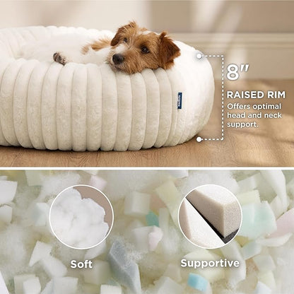 Bedsure ComfyFleece Donut Small Dog Bed - Dog Beds for Small Dogs with Corduroy Fleece & Anti Slip Bottom, Round Faux Fur Pet Beds with Washable Removable Cover, Cream, 27x27x8 inches