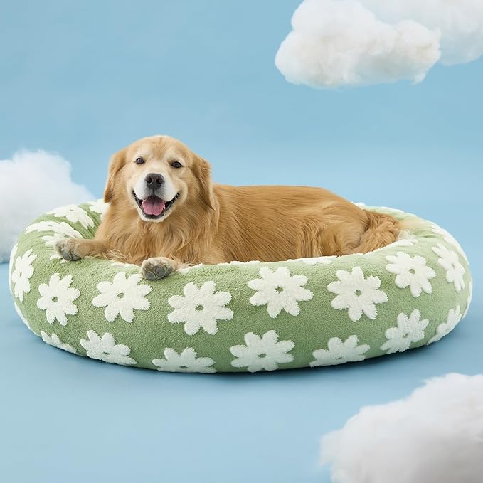 LE SURE Shown on TV Donut Dog Beds Extra Large Sized Dog - Round Pet Beds for Calming Puppy with Washable Cover, Orthopedic Modern Beds with Jacquard Shaggy Plush & Anti Slip Bottom, 42 Inch，Green