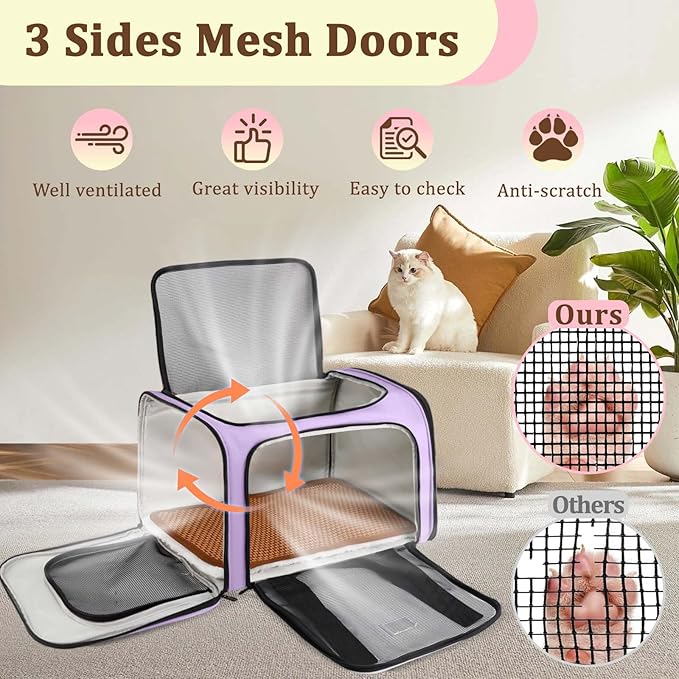 DSDCDJ Cat Carrier Dog Carrier - Soft-Sided Cat Carrier with Plush Pad & Cooling Mat, Easy-Load 4-Side Zipper & 3-Side Mesh Ventilation, Pet Carrier Airline Approved for Cats/Dogs Up to 20 lbs, Purple