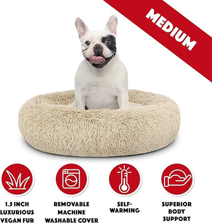 The Dog’s Bed Sound Sleep Donut Dog Bed, Medium Dog Beige Fur Calming Nest Bed, Veterinary Approved