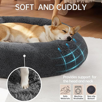 OhGeni 31 inches Calming Donut Orthopedic Dog & Cat Bed for Medium Pets, Warming Comfort Fluffy Long Pile Fur, Durable Waterproof Machine Washable Removable Cover, Cute Round Bed for Puppy, Dark Gray