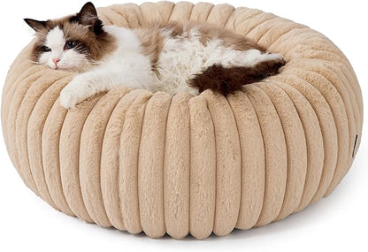 Bedsure ComfyFleece Cat beds for Indoor Cats - Donut Dog Beds for Small Dogs with Corduroy Fleece & Anti Slip Bottom, Faux Fur Pet Beds with Washable Removable Cover, Sandy Beige, 20x20x6 inches