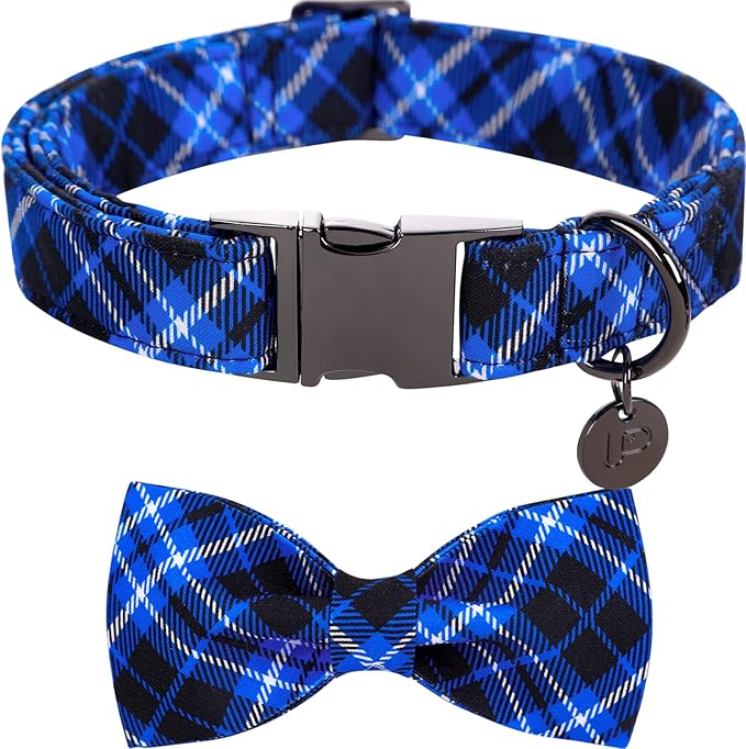 Dog Collar With Bow Tie, Cotton Bowtie for Small Girl Boy Dogs, Holiday Blue With Durable Metal Buckle, Cute Plaid Pet Collar, S
