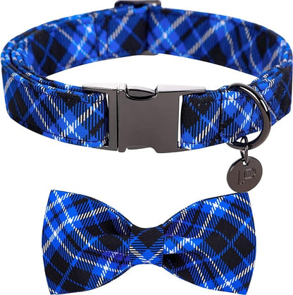 Dog Collar With Bow Tie, Cotton Bowtie for Small Girl Boy Dogs, Holiday Blue With Durable Metal Buckle, Cute Plaid Pet Collar, S