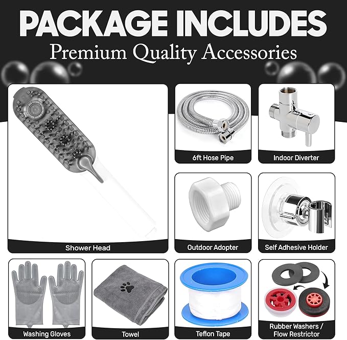 Dog Shower Attachment with 4 Spray Modes, 6.5ft Stainless Steel Hose & Metal Diverter – Easy-Install Kit with Grooming Gloves and Absorbent Microfiber Pet Towel – Indoor/Outdoor Use