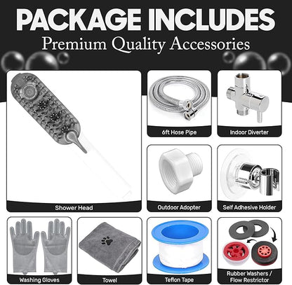 Dog Shower Attachment with 4 Spray Modes, 6.5ft Stainless Steel Hose & Metal Diverter – Easy-Install Kit with Grooming Gloves and Absorbent Microfiber Pet Towel – Indoor/Outdoor Use