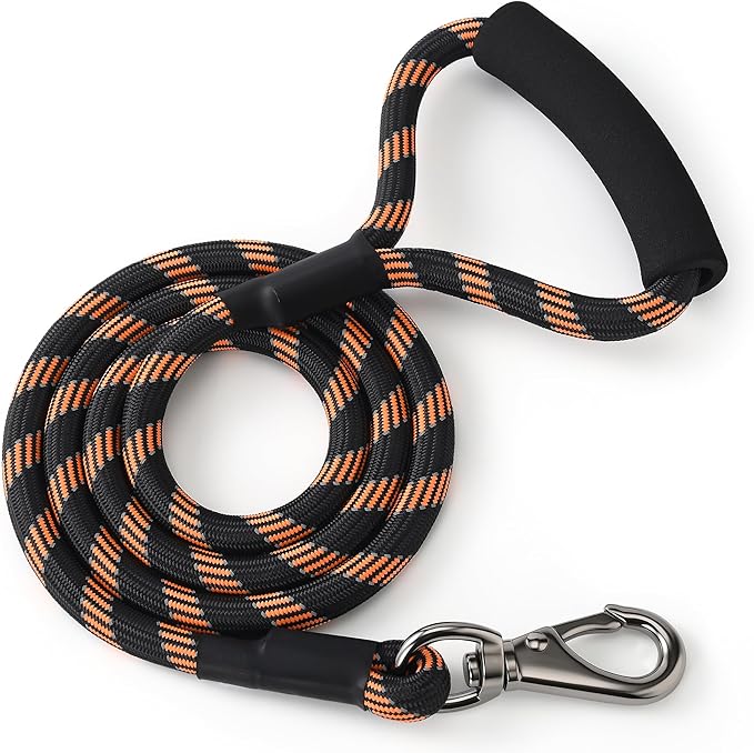 Mile High Life Reflective Dog Leash, with Comfortable Padded Handle, Black Nylon Rope Leash with Steel Tips, Heavy Duty 4 Feet Pet Leashes (Black Orange,48 Inches)