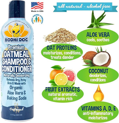 Bodhi Dog Grooming Bundle - Oatmeal Shampoo & Conditioner with Bath Brush - Pet Shower Supplies for Dogs and Cats - Gentle Care for Long, Short & Curly Hair, Safe and Effective, Made in USA