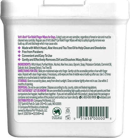 Vet's Best Ear Relief Finger Wipes, Ear Cleansing Finger Wipes for Dogs, Sooths & Deodorizes, 50 Disposable Dog Wipes