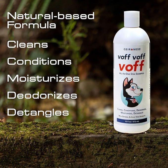 Voff Voff Voff All-in-One Dog Shampoo by Geir Ness – Natural Oatmeal & Aloe Formula with Coconut & Date Palm Extract – Cleans, Conditions, Moisturizes, Deodorizes & Detangles – 16 fl oz