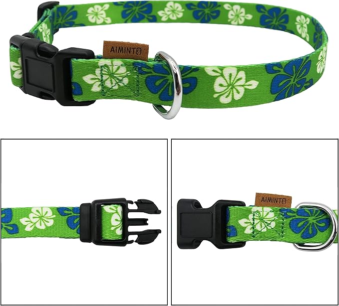 Dog Collar, Cute Floral Pattern, Soft and Adjustable Collar with Quick Release Buckle (XS (Neck 9-13", Width 3/8"), Hawaiian Green)