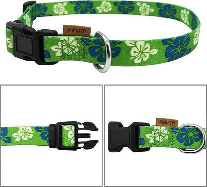 Dog Collar, Cute Floral Pattern, Soft and Adjustable Collar with Quick Release Buckle (S (Neck 11-18", Width 5/8"), Hawaiian Green)
