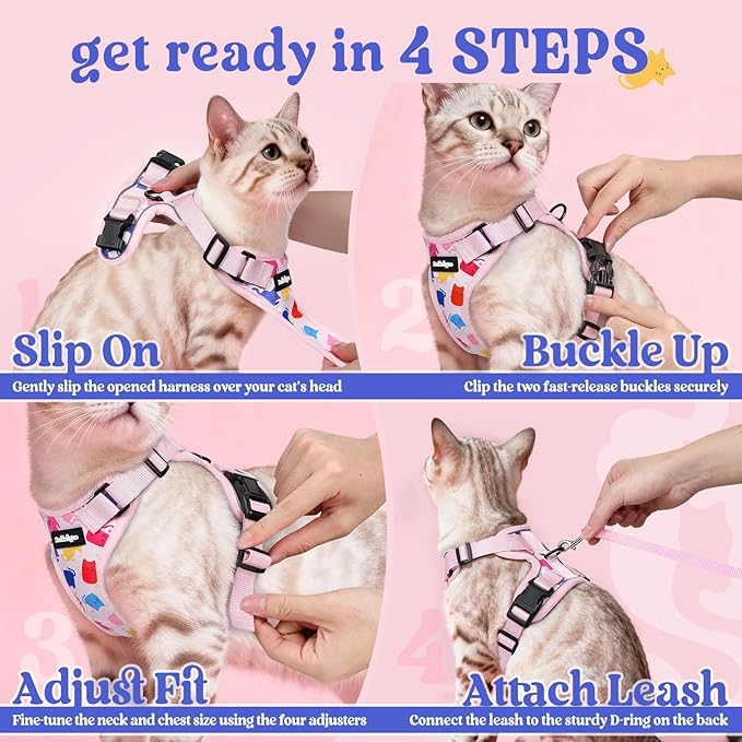 rabbitgoo Cat Harness and Leash for Walking, Escape Proof Soft Adjustable Vest Harnesses for Cats, Easy Control Breathable Reflective Strips Jacket, Purrty Pink, M