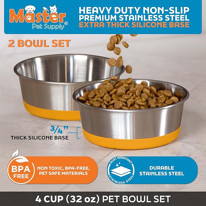 Master Pet Supply Stainless Steel Dog Bowls Set of 2 with Extra Thick Silicone Base - 4 Cup (32 oz) Mango Tango, Non-Slip, Dishwasher Safe Metal Bowls, Pet Dog Food Bowl for Dogs, Cats, Anti Rust