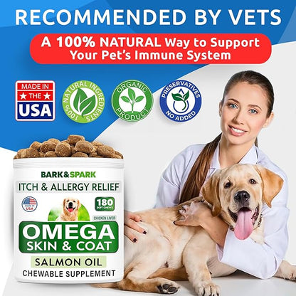 BARK&SPARK Omega 3 for Dogs - 180 Fish Oil Treats for Dog Shedding, Skin Allergy Chews, Itch Relief, Hot Spots Treatment - Joint Health - Skin and Coat Supplement - EPA & DHA Fatty Acids - Salmon Oil