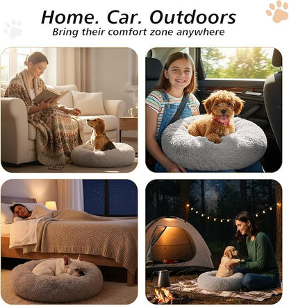 JOLLYVOGUE Calming Dog Bed Medium Size Dog, Anti-Anxiety Donut Medium Dog Bed, 31 inches Fluffy Faux Fur Cushion Bed for Dogs and Cats, Fits up to 45 lbs Pets (Smoke Grey)
