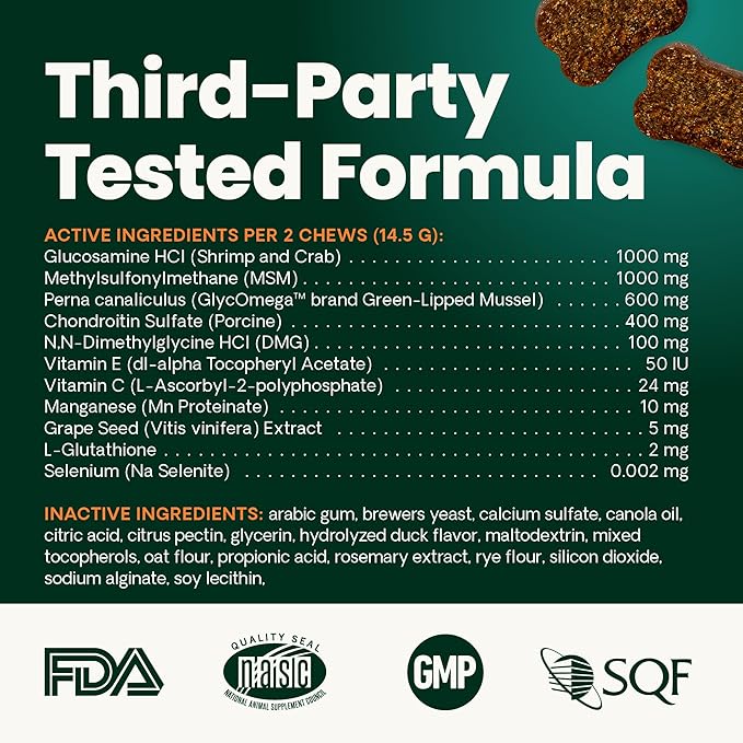VetriScience Ultimate Strength Healthy Hip & Joint Chews, GlycoFlex Glucosamine, Chondroitin and Green-Lipped Mussel Joint Support Supplement for Dogs, Soothe Joint Discomfort, Duck, 60 Count