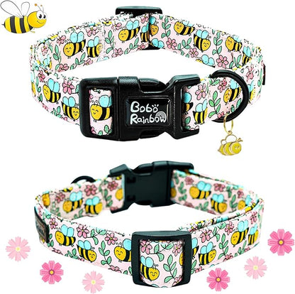 Dog Collar, Cute Bee Adjustable Pet Collars Spring Soft Comfortable Cotton Puppy Collar Pink Flower Necklace Gift Collars for X-Small Dogs
