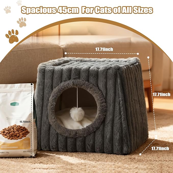 Indoor Cat House - Large Cat Bed Cave with Fluffy Balls and Scratch Pads, Foldable House and Apartment with Pads, Suitable for Multiple Cats (Deep Grey, Large)