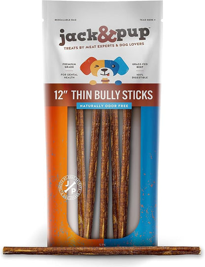 Jack&Pup 12 Inch Thin Bully Sticks for Small Dogs (5 Pack) Natural Dog Chews, Bully Sticks for Puppies, Senior Dogs