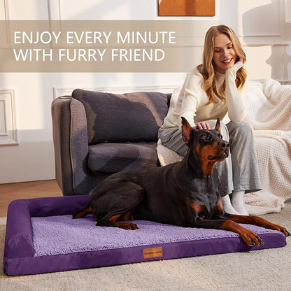 Patas Lague Orthopedic XL Dog Bed Large Sized Dog 42''X28'', Waterproof L Bolster Big Pet Sofa Beds with Removable Washable Cover, Soft Comfortable Pet Couch Crate Mat with Nonskid Bottom, Purple