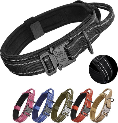 KCUCOP Tactical Dog Collar for Medium & Large Dogs - Military Nylon Heavy Duty Collar with Handle, Reflective Strip & Metal Buckle for Training, Outdoor (Black Reflective, XLarge)