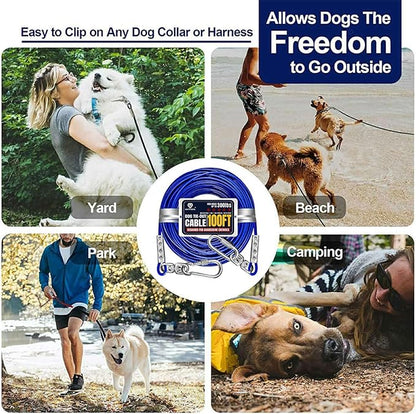 Tie Out Cable for Large Dog, 100ft Pet Runner for Yard, 30/40/50ft Run Leash Heavy Duty Swivel Hooks Heavy Duty Lead Steel Wire Dog Chain Leash Cable Perfect for The Yard, Camping, Beach