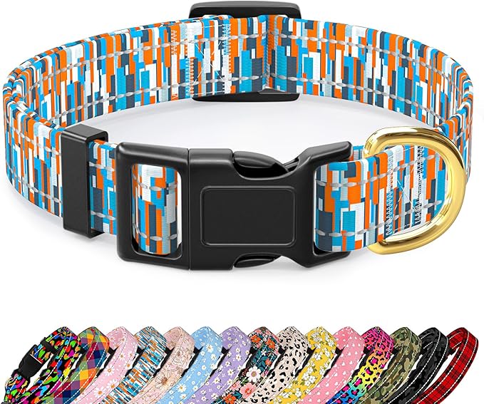Reflective Dog Collar for Medium Dogs, Cute Boho Adjustable Heavy-Duty Nylon Puppy Collar for Boy and Girl Female, Soft Pet Accessories with Quick Release Buckle, Colorful Spliced