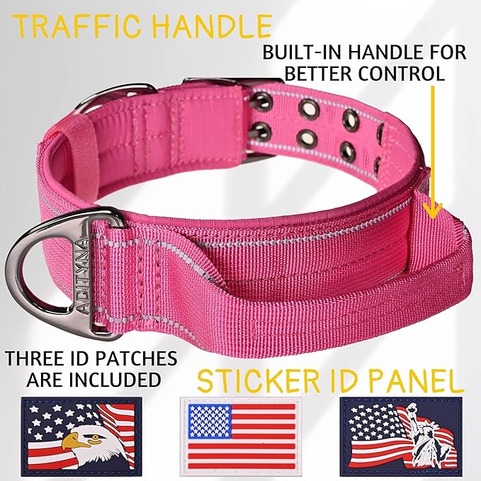ADITYNA Heavy Duty Reflective Pink Dog Collar with Handle - Wide, Neoprene Padded for Large Female Dogs - Tactical, Durable, Comfortable for Walking, Training, Hiking
