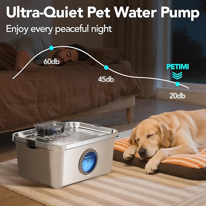 PETIMI Dog Water Fountain, 3 Gallons Stainless Steel Dog & Cat Water Fountain, Large Pet Water Fountain for Multiple Pets, Ultra Silent, Wide Mouth, Safety Lock, 3 Filters Included, Smart Water Pump