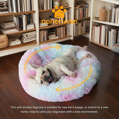 Calming Donut Dogs Beds for Small Dogs Washable,23inch Plush Round Pet Bed for Cozy Sleep,Fluffy Faux Fur Large Cat Bed,Fits up to 25 lbs Pets,Multi Colored
