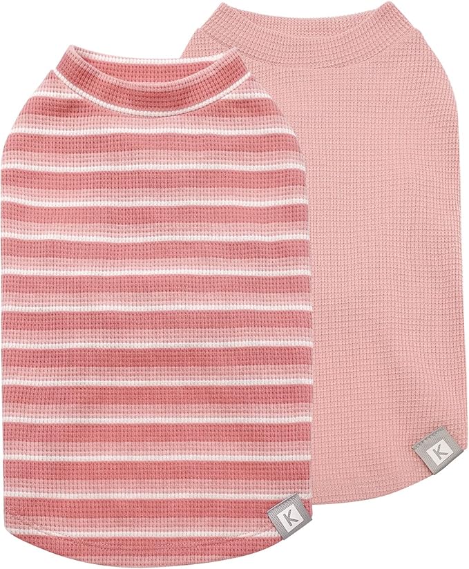 KYEESE 2Pack Waffle Dog Shirts for Small Dogs Stretchy T-Shirts Lightweight Tank Top Sleeveless Striped Vest Breathable Pet Outfit, X-Large, Pink+Striped