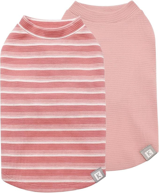 KYEESE 2Pack Waffle Dog Shirts for Small Dogs Stretchy T-Shirts Lightweight Tank Top Sleeveless Striped Vest Breathable Cat Tee, Medium, Pink+Striped