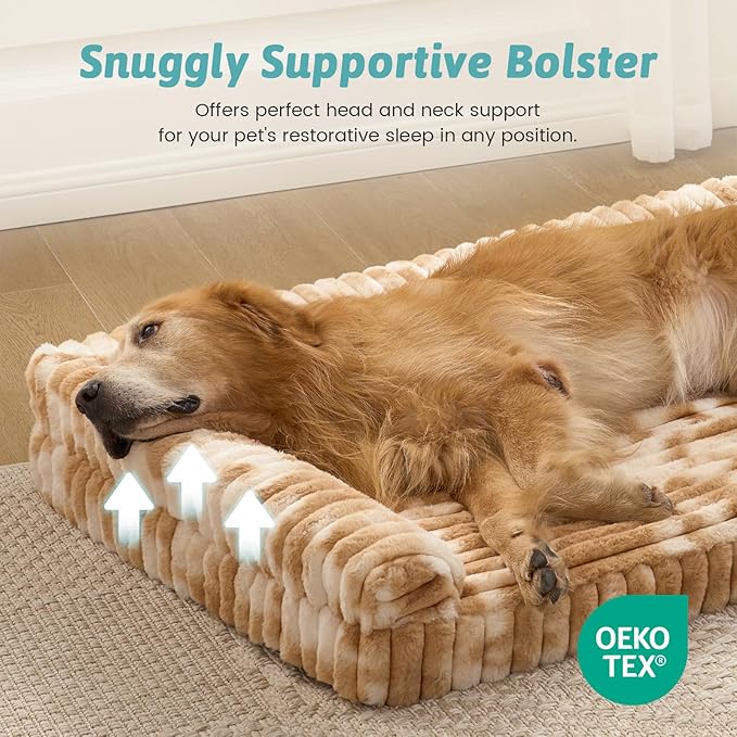 Cute Dog Bed, Faux Rabbit Fur Orthopedic Dog Bed with Sides, Removable Washable Cover & Waterproof Lining, Comfortable Pet Couch for Extra Large Dogs, Tie-Dye Brown (48" L x 35" W x 7.5" Th)