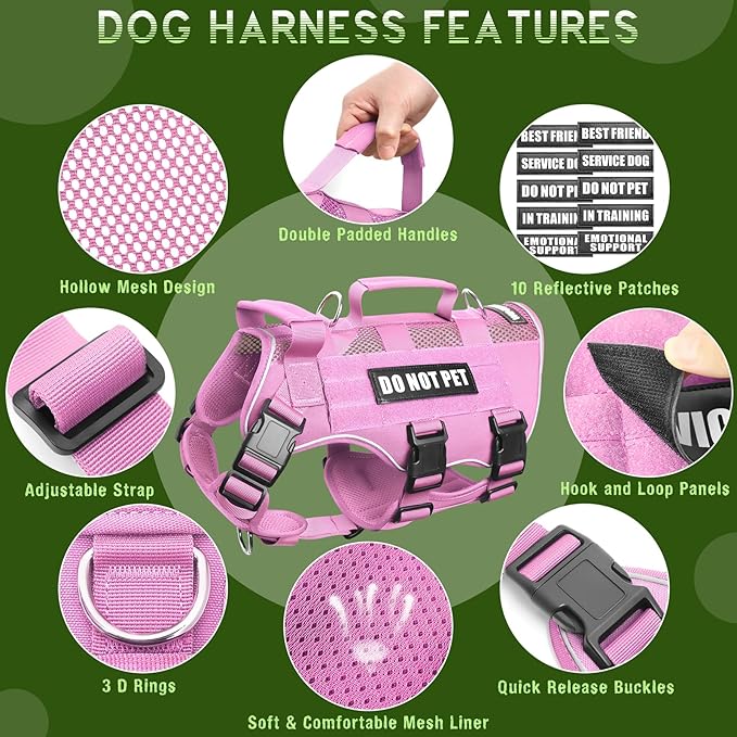 WINSEE Mesh Dog Harness with 10 Pet Patches for Small Service Dog in Training, Breathable Tactical Molle Vest with Double Handle, Reflective Military Pet Vest for Walking Hiking